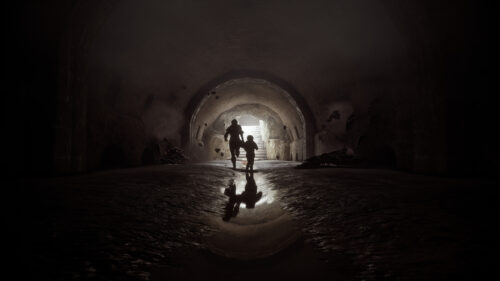 Silhouette of Two Figures Running Toward Light in a Dark Tunnel 4K Desktop Wallpaper