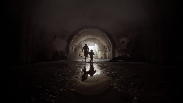 Silhouette of Two Figures Running Toward Light in a Dark Tunnel 4K Desktop Wallpaper
