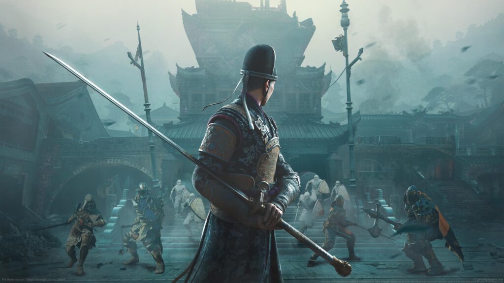 For Honor Zhanhu Warrior Standing Before Ancient Chinese Temple 4K Desktop Wallpaper
