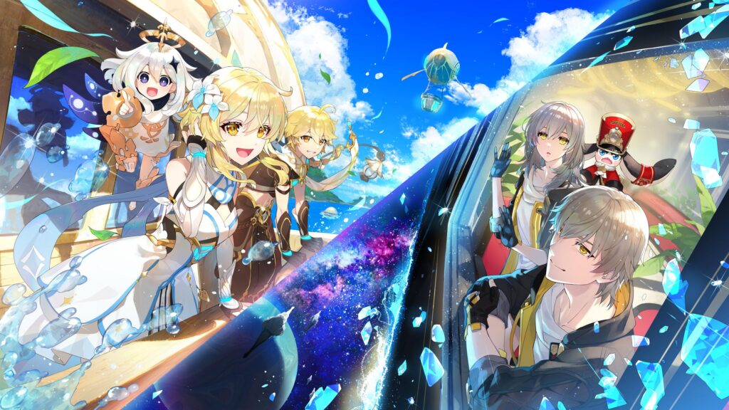 Genshin Impact and Honkai Star Rail Crossover Fantasy Adventure 4K Wallpaper