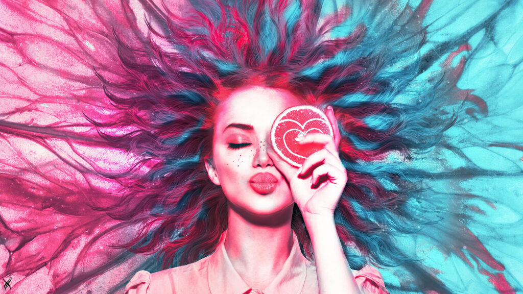 Stunning Neon Portrait of a Woman with Pink and Blue Abstract Hair Art 4K Wallpaper