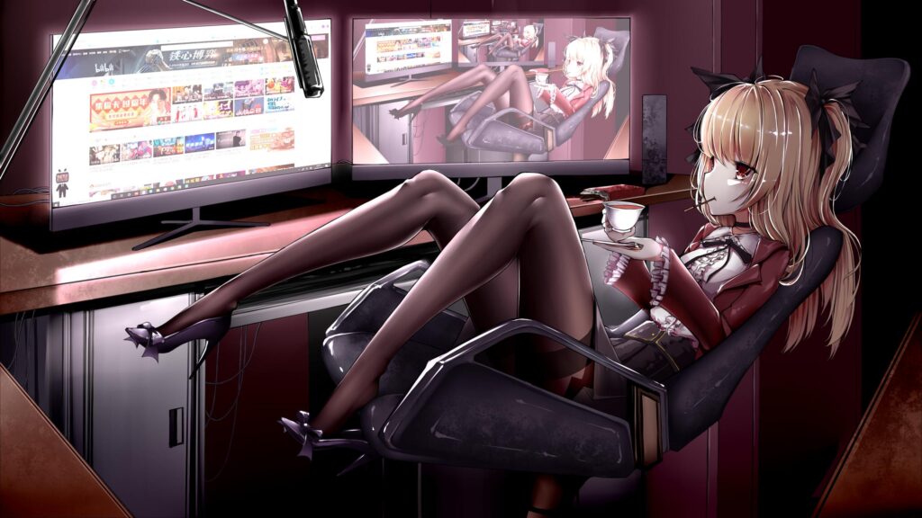 Anime Girl Streaming Setup with Tea and Monitors 4K PC Wallpaper