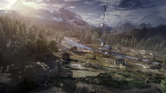 Post-Apocalyptic Mountain Landscape with Radio Tower and Solitary Survivor PC Wallpaper