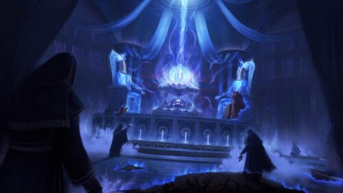 Mystical Blue Magic Ritual in Ancient Temple Hall Desktop Wallpaper
