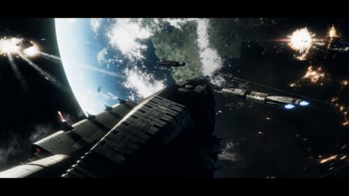 Epic Sci-Fi Space Battle Over Earth Featuring The Archimedes Battleship 4K Wallpaper