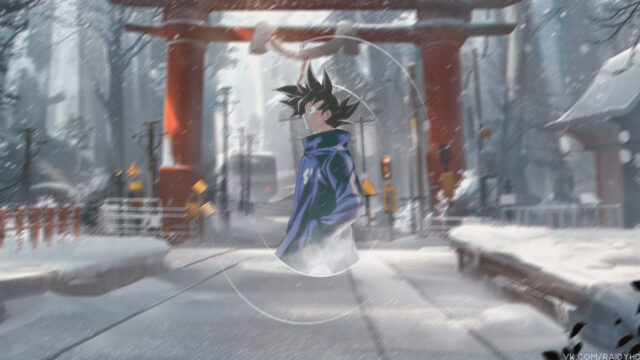 Goku in Snowy Street Anime Aesthetic PC Wallpaper