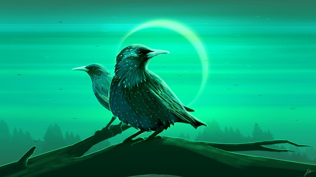 Two Starlings Perched Under a Luminous Green Moon Desktop Wallpaper