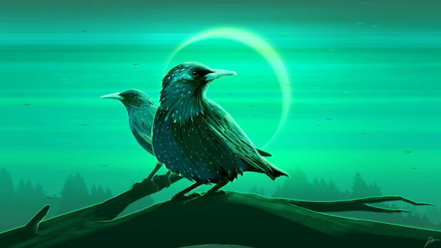 Two Starlings Perched Under a Luminous Green Moon Desktop Wallpaper