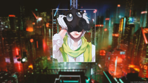 Anime Boy with Gas Mask in Cyberpunk Cityscape PC Wallpaper