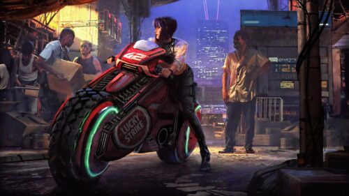 Cyberpunk Motoko Kusanagi on Futuristic Red Motorcycle Desktop Wallpaper