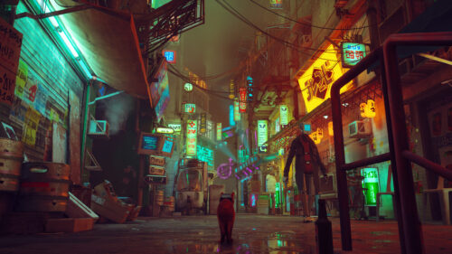 Stray Cat in a Cyberpunk City Alleyway 4K PC Wallpaper