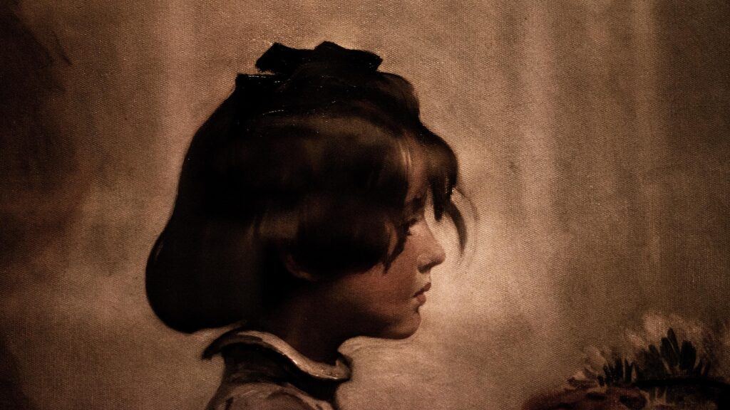 Classic Oil Painting Portrait of a Young Girl in Sepia Tone Desktop Wallpaper