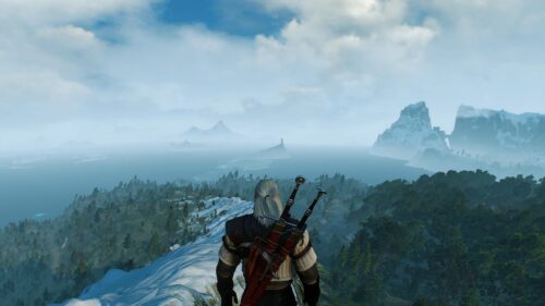 Geralt of Rivia Overlooking Skellige Islands Scenery 4K Desktop Wallpaper