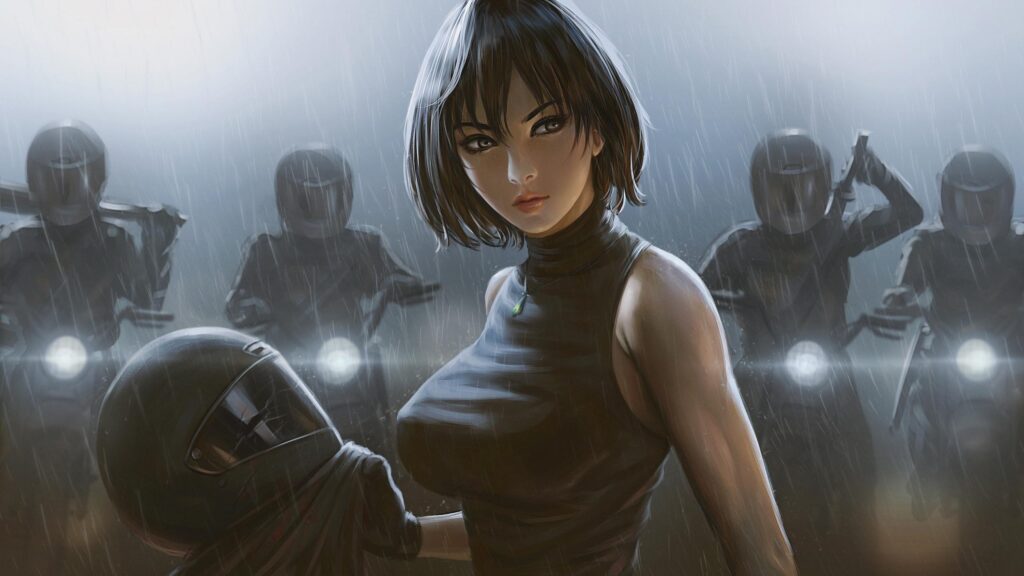 Stunning Anime Girl with Biker Gang in the Rain Desktop Wallpaper