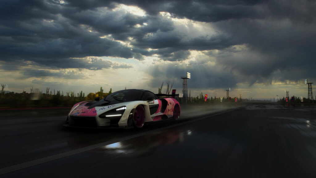 McLaren Senna Anime Itasha Sports Car Racing Under Stormy Sky 4K Desktop Wallpaper
