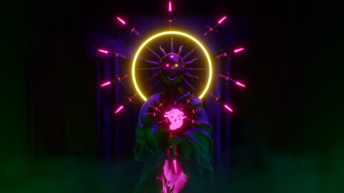 Neon Gothic Statue with Floating Pink Daggers and Golden Halo 4K Wallpaper