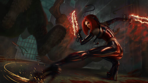 Red Haired Sci-Fi Warrior Girl with Glowing Dual Blades Desktop Wallpaper