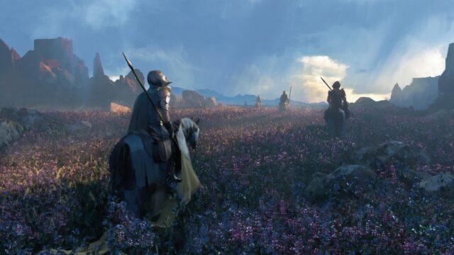 Knights Riding Through a Magical Purple Field at Sunset Desktop Wallpaper