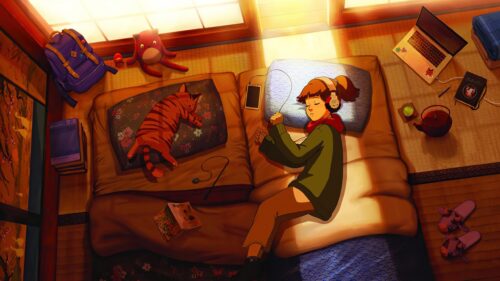 Lo-Fi Girl Sleeping with Her Cat Cozy Room 4K Desktop Wallpaper