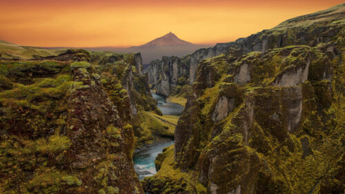 Majestic Fjaðrárgljúfur Canyon in Iceland at Sunset Desktop Wallpaper