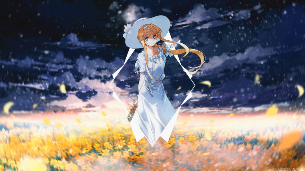 Anime Girl in Summer Dress and Hat in Flower Field Desktop Wallpaper