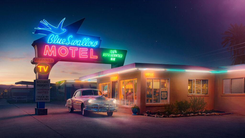 Blue Swallow Motel Retro Vintage Aesthetic with Classic Car 4K Desktop Wallpaper
