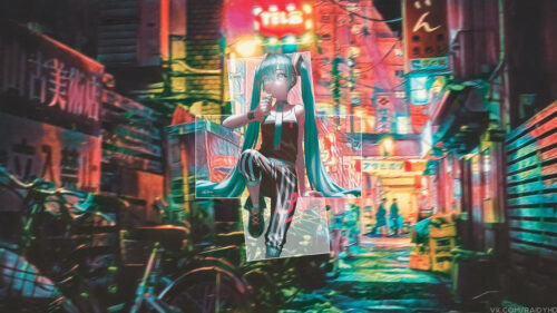 Hatsune Miku Cyberpunk City Street Anime Aesthetic Desktop Wallpaper
