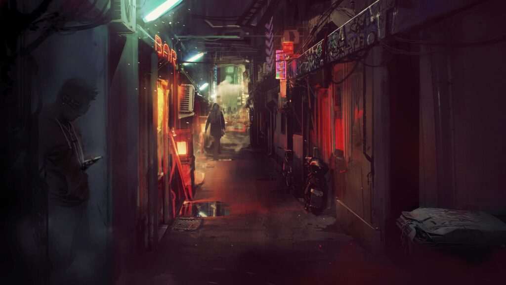 Cyberpunk City Alleyway with Neon Lights and Mysterious Figures Desktop Wallpaper