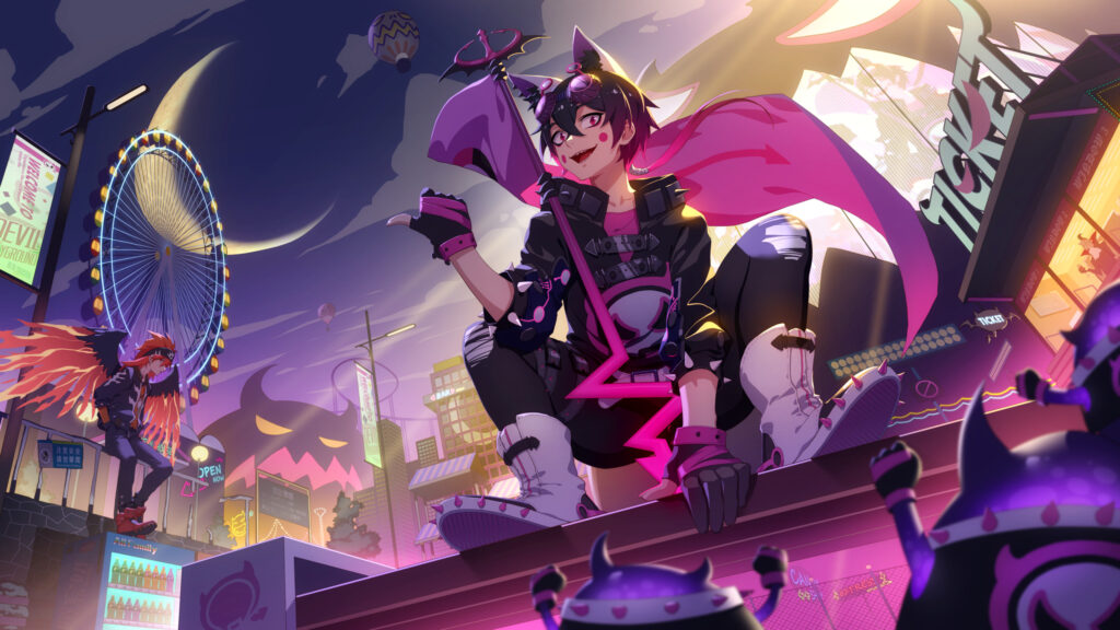 Anime Boy Demon Mascot in a Neon Amusement Park 4K Desktop Wallpaper