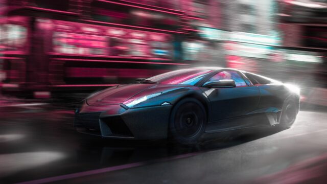Lamborghini Reventón Speeding Through Neon City Streets 4K Desktop Wallpaper