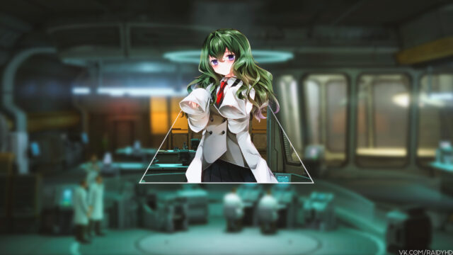 Anime Scientist Girl in High-Tech Laboratory Triangle Frame Desktop Wallpaper