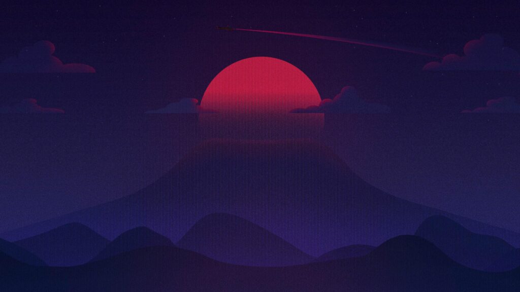 Minimalist Red Sun over Dark Mountains and Plane Silhouette 4K Wallpaper
