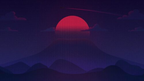 Minimalist Red Sun over Dark Mountains and Plane Silhouette 4K Wallpaper