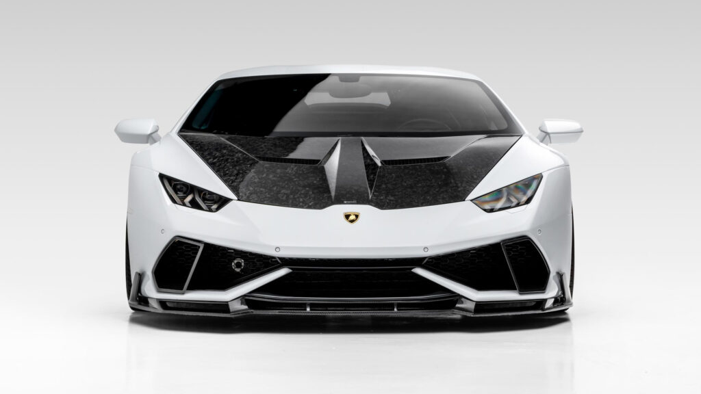 Stunning White Lamborghini Huracan with Carbon Fiber Hood Desktop Wallpaper