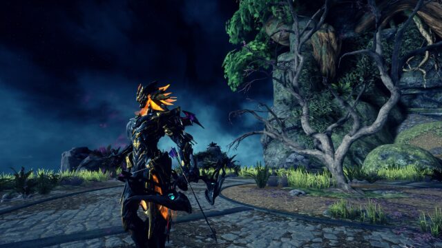 Warframe Ember Prime Warrior Holding a Bow in a Mystic Forest 4K Desktop Wallpaper