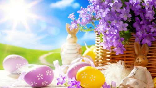 Beautiful Easter Basket with Purple Flowers and Cute Bunnies 4K Wallpaper