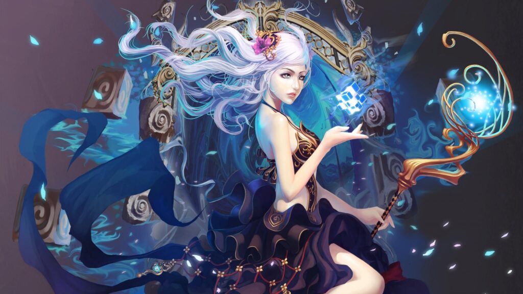 Fantasy Sorceress Casting Magic Spell with Glowing Cube Desktop Wallpaper