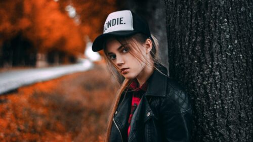 Cool Girl in Leather Jacket and Blondie Cap Autumn Forest Desktop Wallpaper