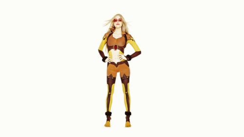 Stunning Blonde Cosplay Warrior Woman in Yellow and Brown Suit PC Wallpaper
