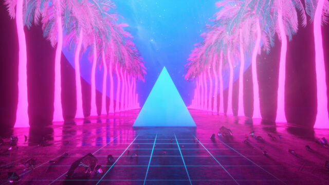 Neon Synthwave Pyramid Landscape with Glowing Palm Trees 4K Desktop Wallpaper