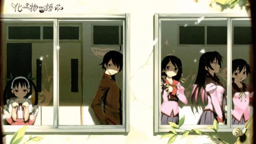 Bakemonogatari Anime Characters Looking Through Windows 4K Desktop Wallpaper