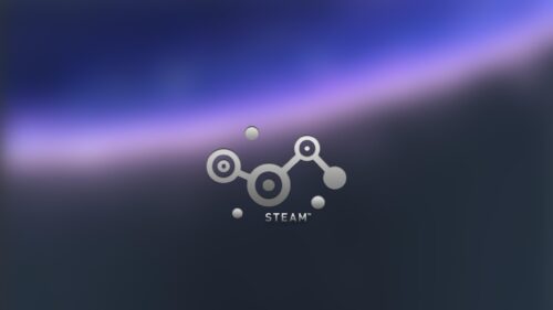 Minimalist Silver Steam Logo on Abstract Blurred Dark Blue Nebula Desktop Wallpaper