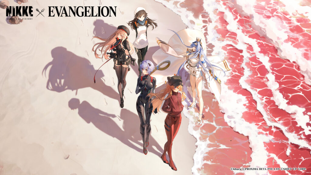 Goddess of Victory Nikke x Evangelion Crossover Beach Scene 4K Wallpaper