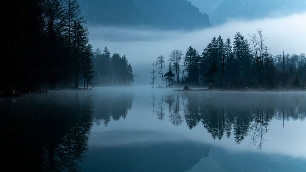 Misty Morning Forest Lake Reflection 4K Desktop Wallpaper