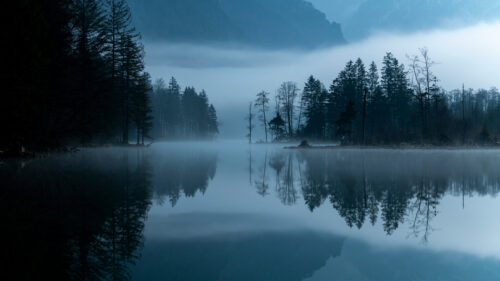 Misty Morning Forest Lake Reflection 4K Desktop Wallpaper