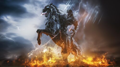 Venom Riding a Demonic Black Horse in a Stormy Battlefield 4K Wallpaper