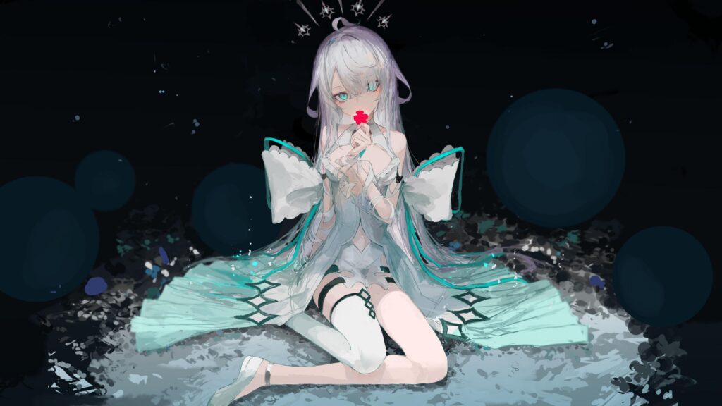 Ethereal Anime Girl with Silver Hair in Magical White Dress PC Wallpaper