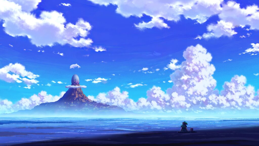 Anime Girl Sitting by the Vast Ocean with a Mysterious Egg Mountain 4K Wallpaper