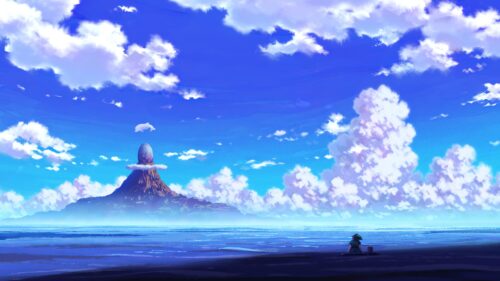 Anime Girl Sitting by the Vast Ocean with a Mysterious Egg Mountain 4K Wallpaper