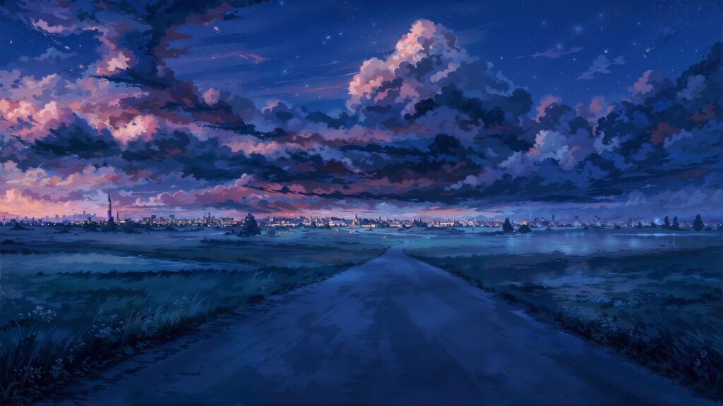 Stunning Anime Scenery Road Leading to City Skyline at Night Desktop Wallpaper